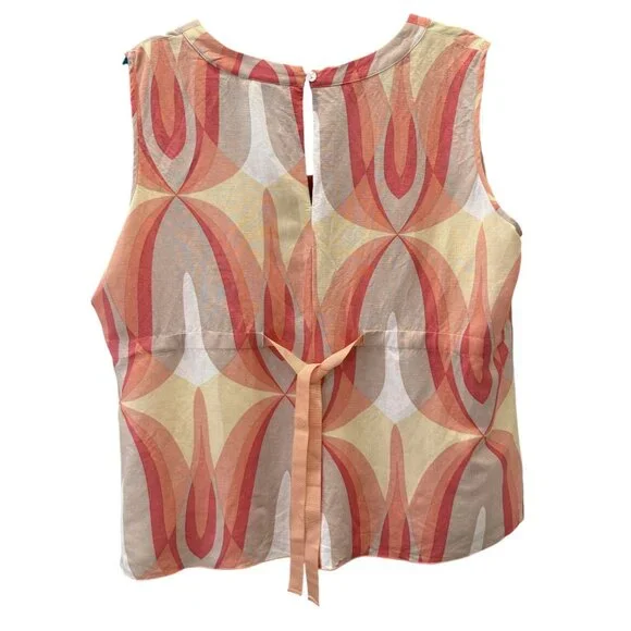 Emma James Sleeveless Abstract Print Top Back Ribbon Tie Size 18 Linen Blend - Picture 4 of 6